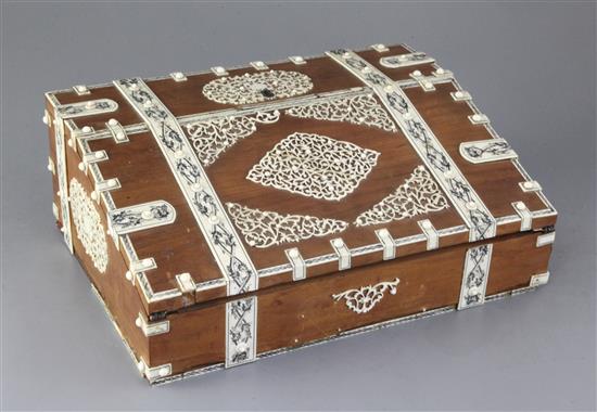 A 19th century Vizagapatam sandalwood and etched ivory writing slope, width 12.25in